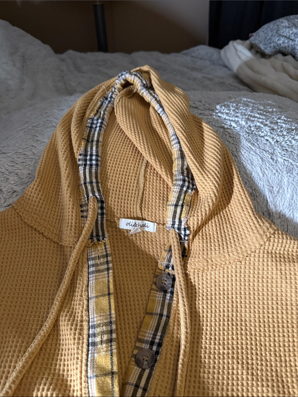 Oli & Hali Mustard Yellow Waffle-Knit Hoodie with Plaid Panels - Picture 4 of 6